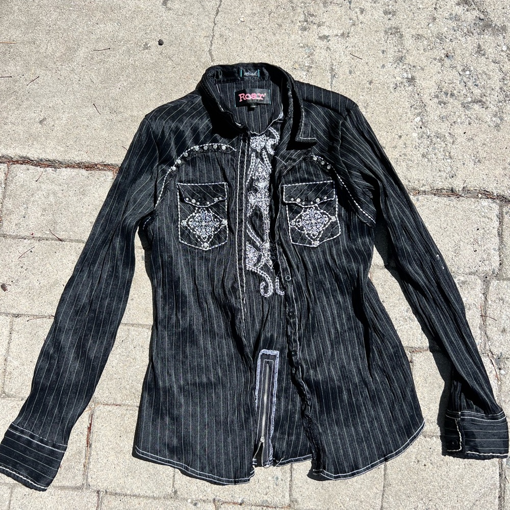 Roar Long Sleeve Western Rhinestone Shirt Size Large Black
